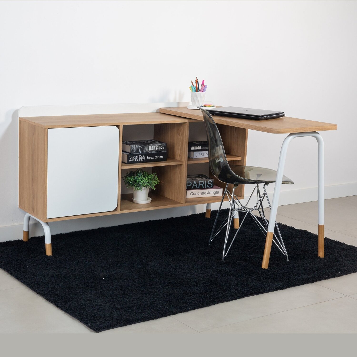 Kit Mesa Escrivaninha Giratória 111cm e Balcão Credenza 1 Gav 1 Porta 136cm Home Office Flexus - 10