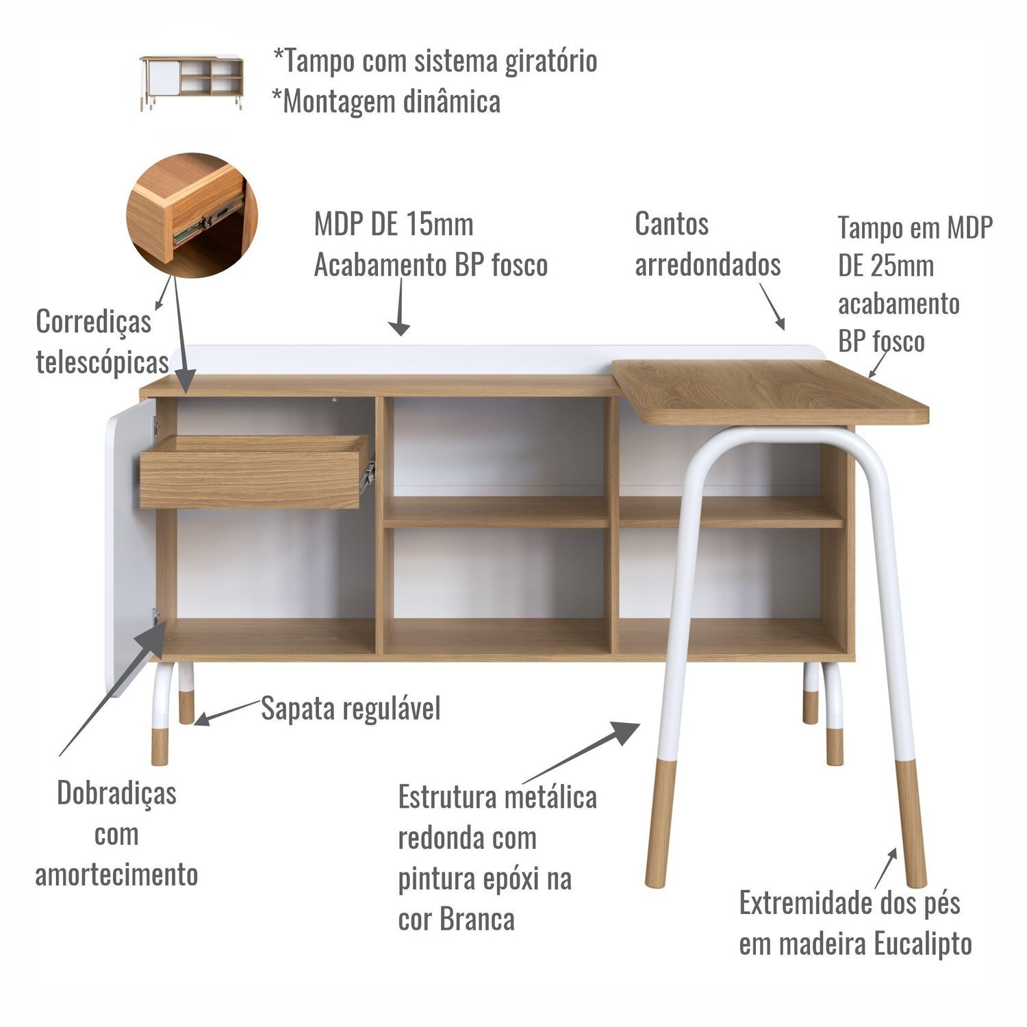 Kit Mesa Escrivaninha Giratória 111cm e Balcão Credenza 1 Gav 1 Porta 136cm Home Office Flexus - 9