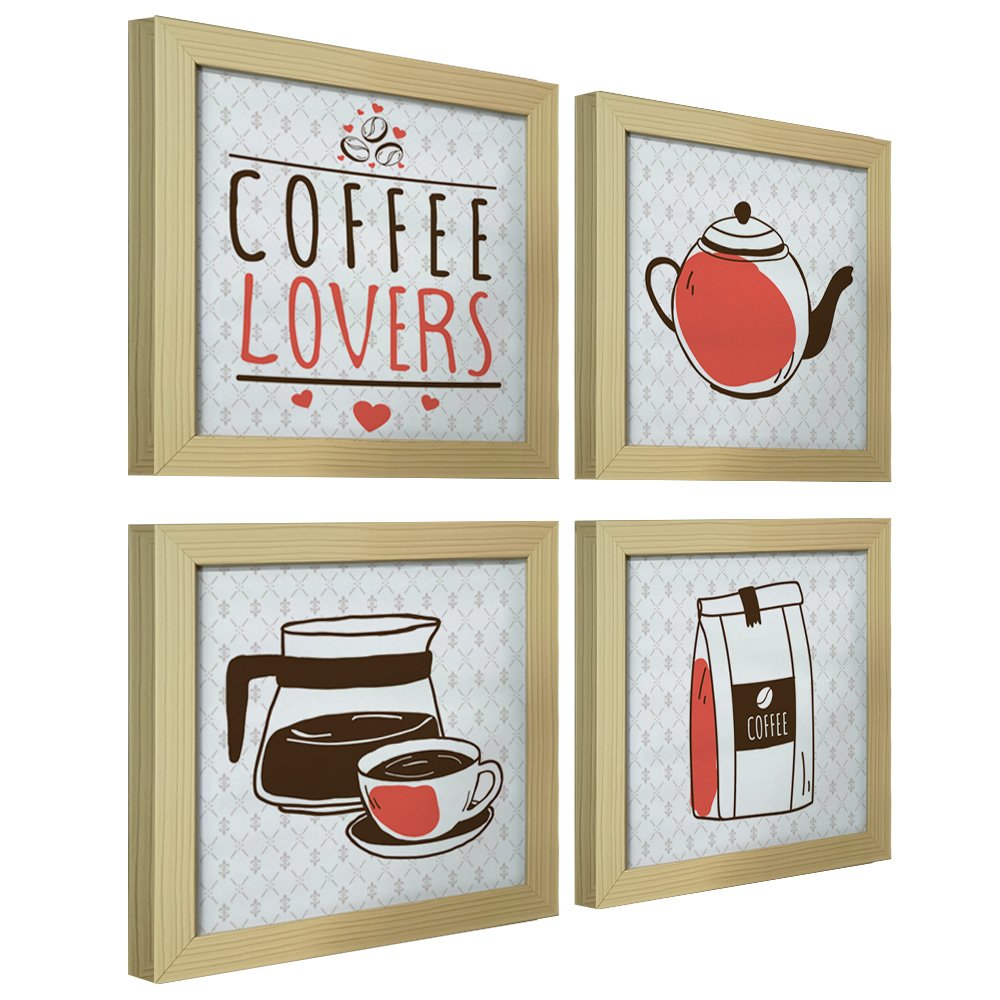 Quadro Decorativo Cozinha Café Padaria Copa 20x20cm Kit 4 un Arte na Arte Moldura Marfim Listrado