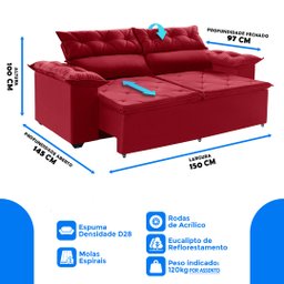 Sofá Compact 150Cm Retrátil, Reclinável com molas Espirais 5 Posições Vermelho - 3