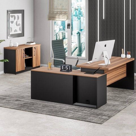 Conjunto 2 Peças com Mesa Escritório em L 150x150 Cm e Armário Multiuso Baixo Marrom Preto