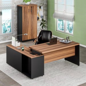 Kit 2 Peças com  Mesa Escritório em L 150x150cm e Armário Multiuso Alto