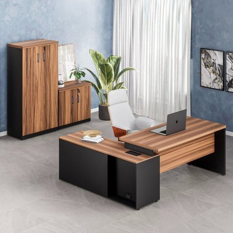 Conjunto 3 Peças com Mesa Escritório em L 150x150cm, com Armário Multiuso Baixo com Chave e Alto Marrom Preto