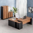 Ver imagem 1 de Conjunto 3 Peças com Mesa Escritório em L 150x150cm, com Armário Multiuso Baixo com Chave e Alto Marrom Preto