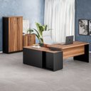 Ver imagem 3 de Conjunto 3 Peças com Mesa Escritório em L 150x150cm, com Armário Multiuso Baixo com Chave e Alto Marrom Preto