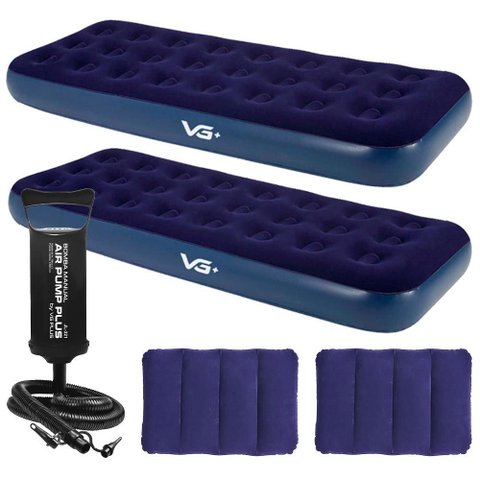 Kit 2 Colchões Infláveis Solteiro Azul + 2 Travesseiros + Bomba de Ar Manual Vg Plus