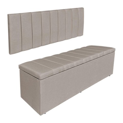 Kit Cabeceira Painel e Calçadeira Recamier Baú King 1,95m Holanda Linho Cappuccino - Pallazio