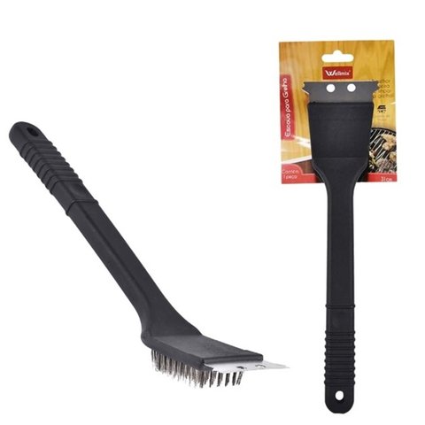 Escova de Aço para Limpar Grelha de Churrasco Limpeza Pesada C/ Cerdas e Raspador de Metal