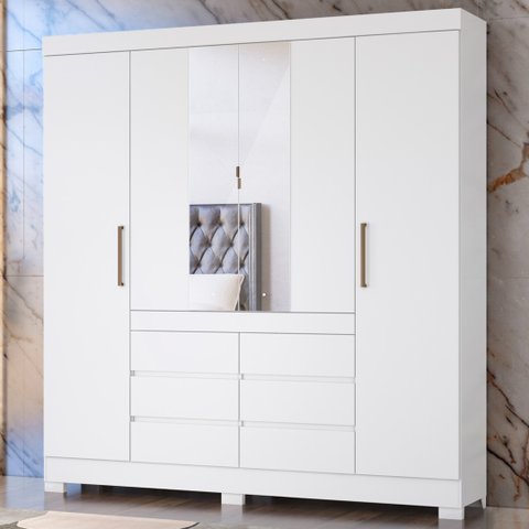 Guarda Roupa Casal 4 Portas com Espelho e 6 Gavetas Cádis - Branco
