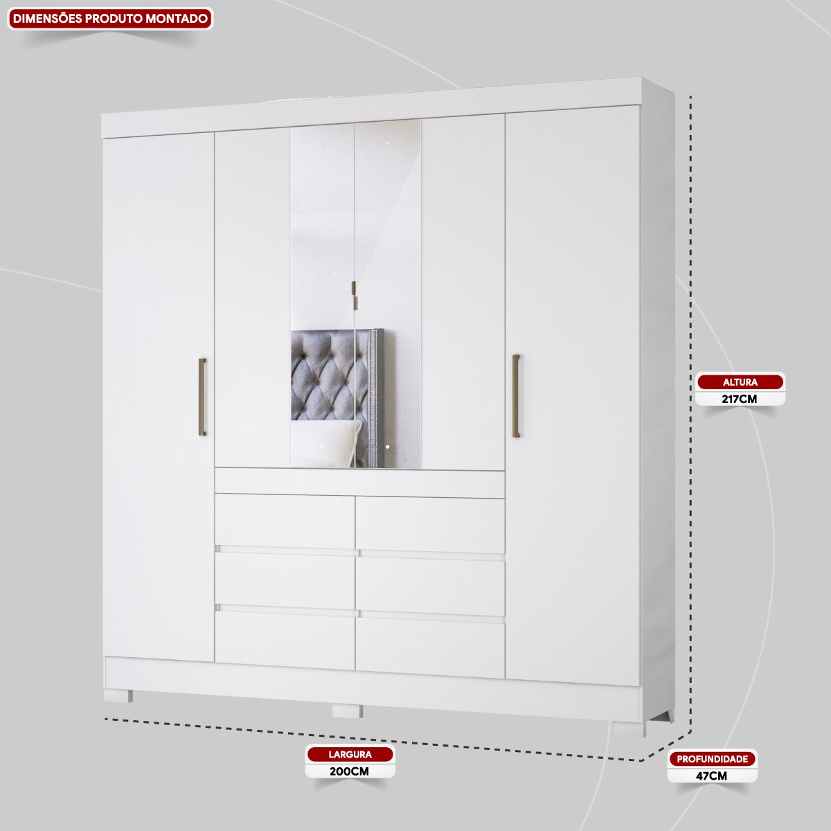 Guarda Roupa Casal 4 Portas com Espelho e 6 Gavetas Cádis - Branco - 2