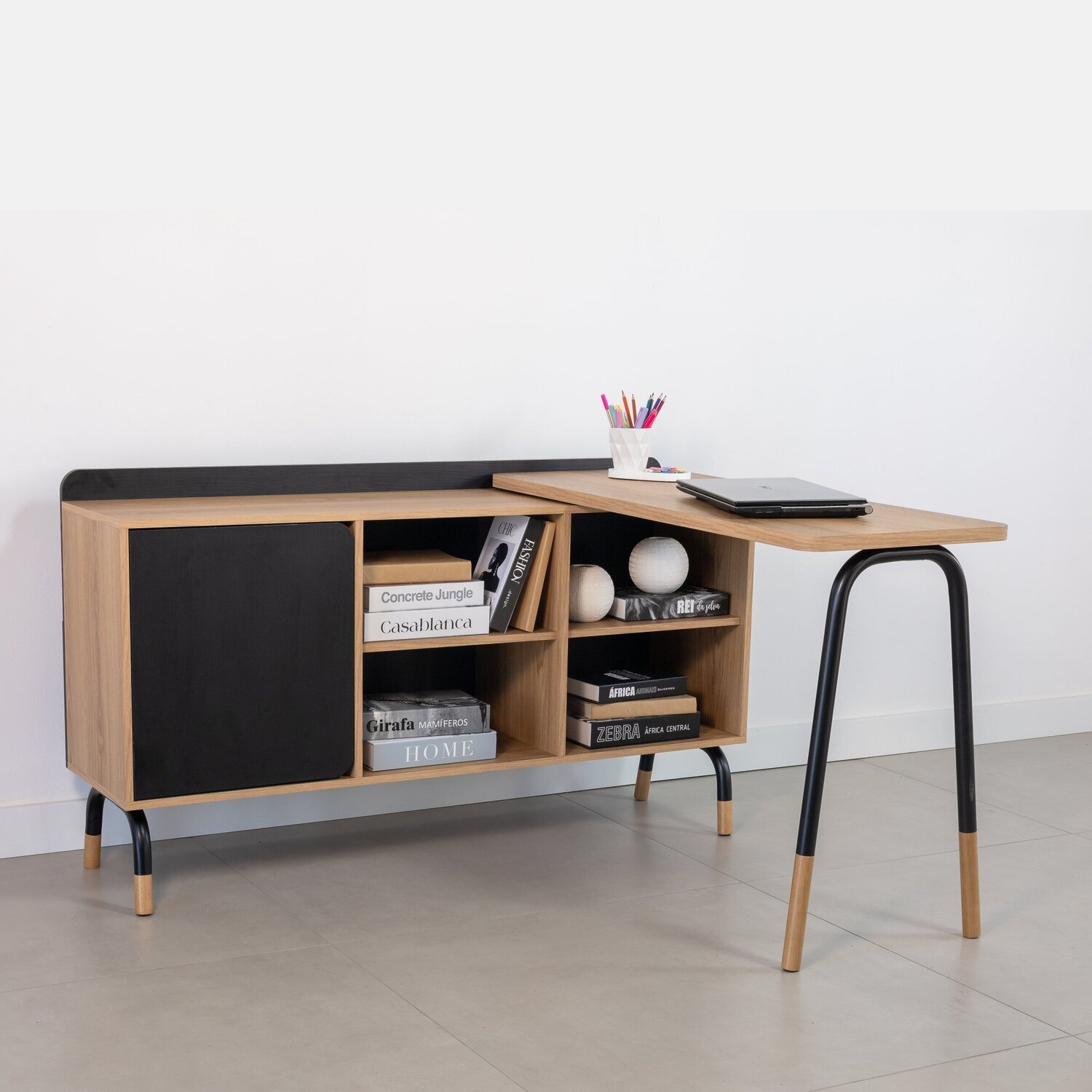 Kit Mesa Escrivaninha Giratória 111cm e Balcão Credenza 1 Gav 1 Porta 136cm Home Office Flexus - 9