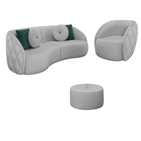 Conjunto Decorativo Sofá 240cm e Poltrona Clarke com Puff Round Linho Cinza - Gran Belo