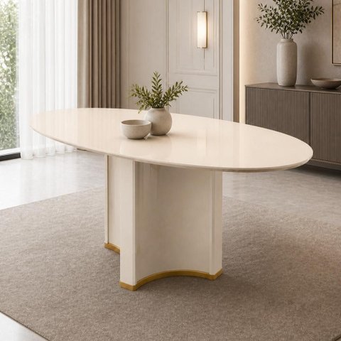 Mesa de Jantar 6 Lugares Orgânica Elipse Tampo com Vidro 183cm Lavie D05 Off White - Lyam Decor