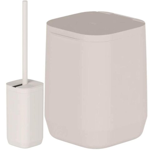 Kit Lixeira de Banheiro 6l Basculante e Escova Sanitária 30cm Aura Bege ou Adesivo Piso Parede