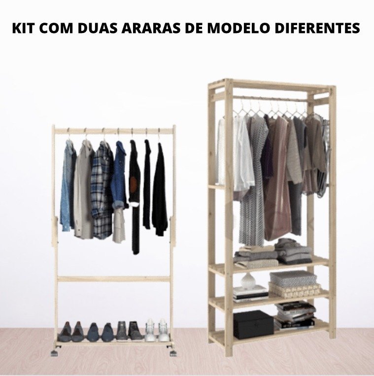 Kit Arara De Chão Para Quarto Infantil Sem Portas Nico Decore Arara Cabideiro + Arara Com Prateleira - 3