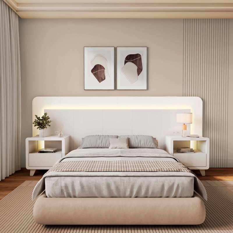 Cabeceira Casal Queen com 2 Mesas de Cabeceira Led 3000k e Tomadas 100% Mdf Mabel | MadeiraMadeira