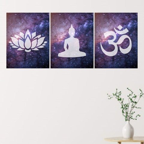 Kit 3 Quadros Buda Galáxia 24x18cm - com vidro:Madeira preta