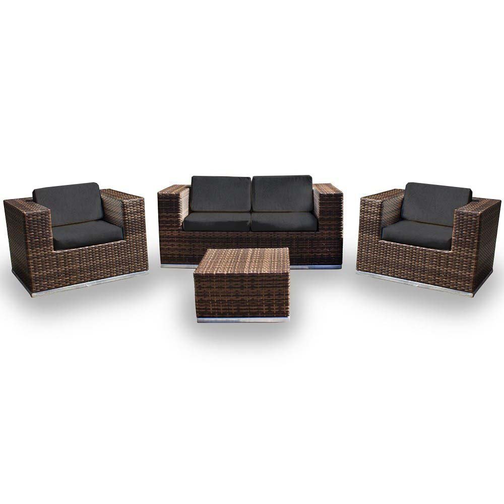 Conjunto de Sofá Fibra Sintética Quadrado - 1 Sofá 2L + 2 Poltronas + 1 Mesa Centro - Tecido Duna Pr