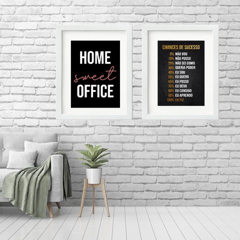 Kit 2 Quadros Grandes Home Office - 60x48cm:madeira Preta