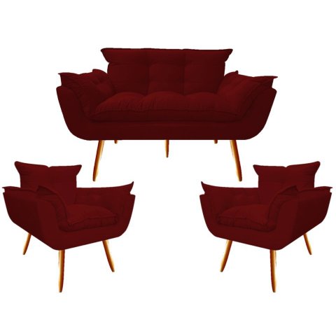 Kit Namoradeira + 2 Poltronas Decorativa Opala Suede Marsala Pés Madeira Mz Decor