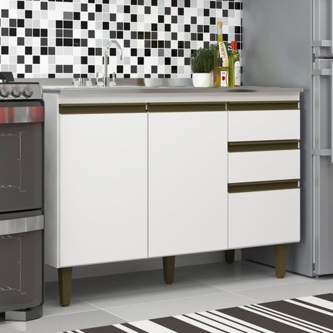 Balcão para Cozinha 3 Gavetas 2 Portas 120cm Branco