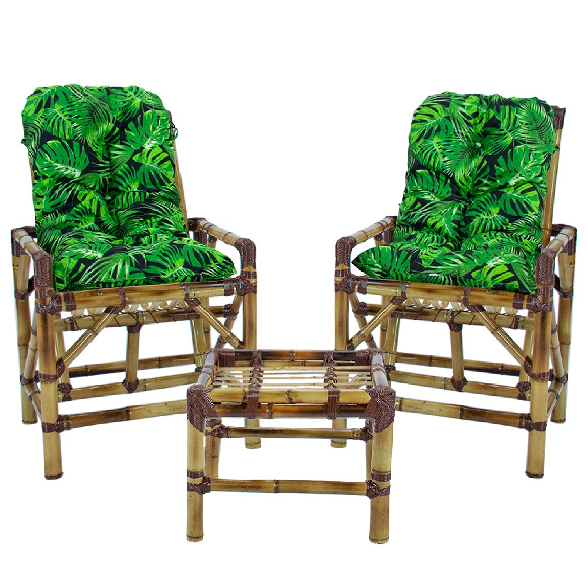 Kit 2 Cadeiras de Bambu + Mesa de Centro Área Interna e Externa Cor Floral T9