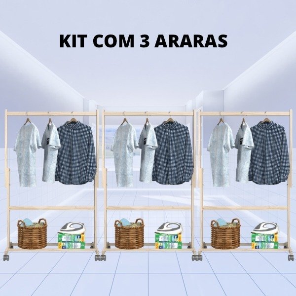 Kit Com Três Araras Para Roupas Madeira Pinus - 1