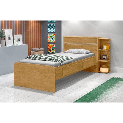Cama Baú Ja Solteiro com Prateleiras Laterais para Decoração 2 Gavetas 100% Mdf com Estrado em Madei
