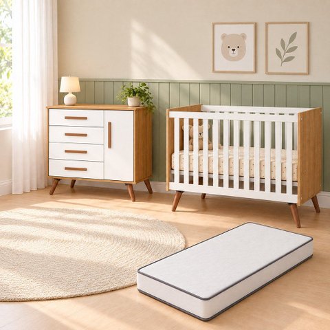 Kit Quarto de Bebê Q Encanto Retrô com Berço Mini Cama Cômoda Sapateira e Colchão D18 130x70 Movellu