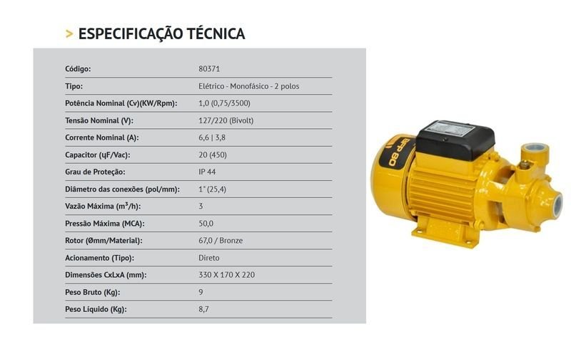 Bomba Bufallo Periférica Bfp80 1cv Monofásico 127/220v Amarela 127/220 (m) - 2