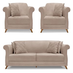 Kit 2 Poltronas e Sofá Living 2 Lugares 1,60m Vênus Linho Areia Pés Castanho - Pallazio