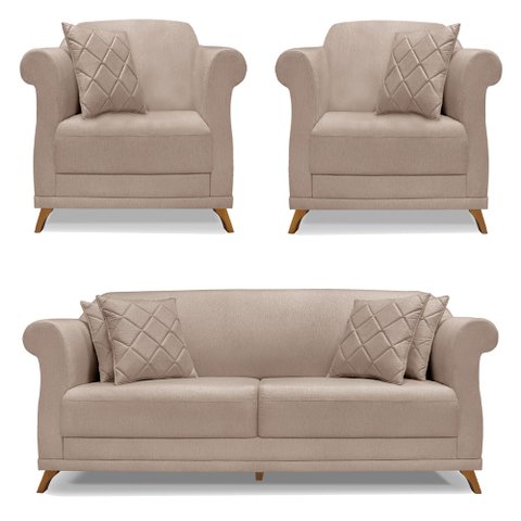 Kit 2 Poltronas e Sofá Living 2 Lugares 1,60m Vênus Linho Areia Pés Castanho - Pallazio