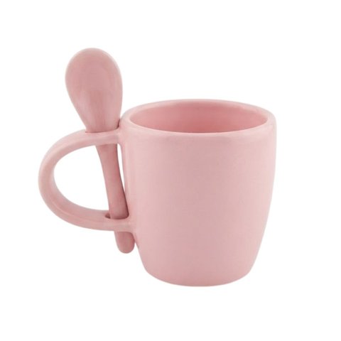 Caneca com Colher Integrada em Cerâmica 300ml para Café e Chá:Rosa
