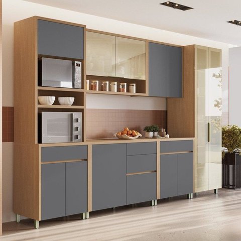 Cozinha 6 Peças Cristaleira Condessa Torre Quente 100% MDF Cinza/Carvalho Titânio