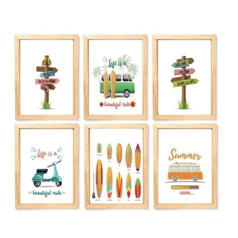 Quadro Infantil Surf 6 Un A4 Vidro e Pendurador