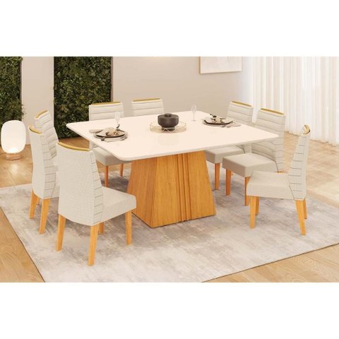 Sala de Jantar Completa Itália C/ Tampo Madeirado C/ Vidro Curvo 136x136cm e 8 Cadeiras Ondina