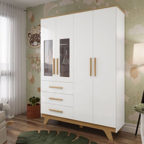 Guarda Roupa Infantil 154,8cm 4 Portas com Janela 3 Gavetas 100% MDF Retrô Espresso Móveis Branco/Amêndoa