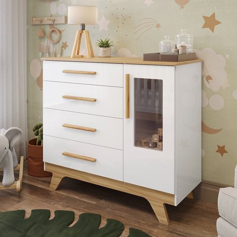 Cômoda Infantil 1 Porta com Janela 4 Gavetas 119cm 100% MDF Kakau Retrô Espresso Móveis Branco/Brilho/Amêndoa
