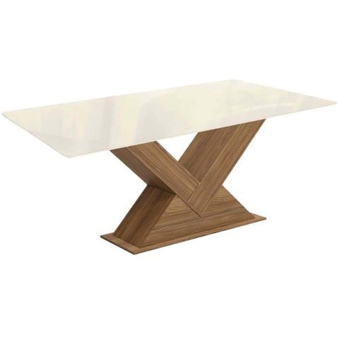 Mesa para Cozinha Amora com Tampo Madeirado com Vidro 90x160cm Nogueira Off White Vidro Off White