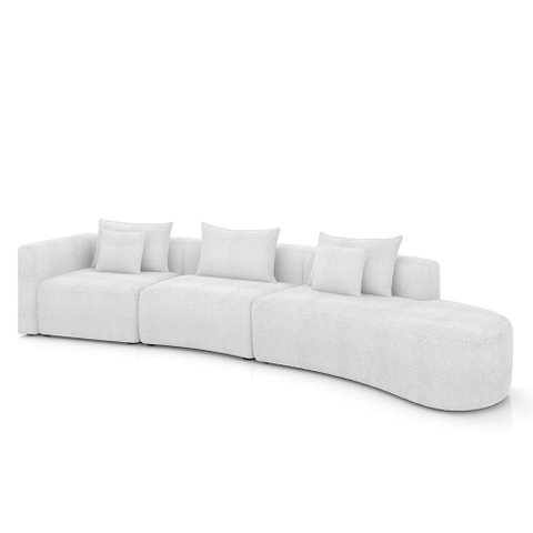 Sofá Curvo Decorativo Kimiko 447Cm 5 Lugares Sala de Estar com Chaise Bouclê Branco G52 - Gran Belo 