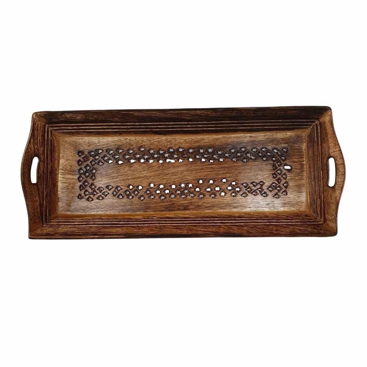 Bandeja Retangular De Madeira Esculpida Marrom 40Cm - 1