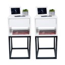 Ver imagem 1 de Kit 2 Mesas Cabeceira Industrial 30cm Branco Gavetas e Nicho Base Metal Preto Lateral Cama