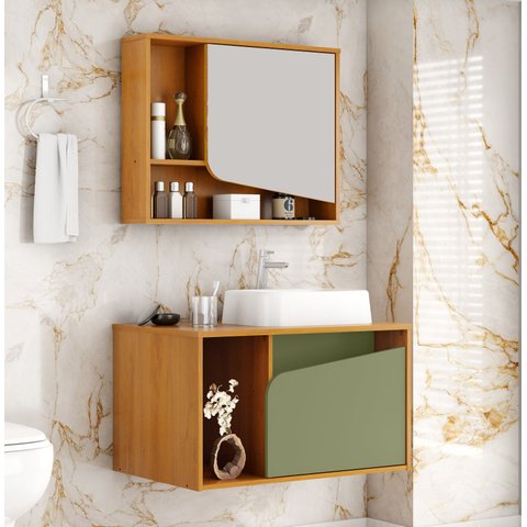 Conjunto Banheiro Delta Bechara Kit Gabinete e Armário Superior Suspenso com Espelho Portas e Nicho