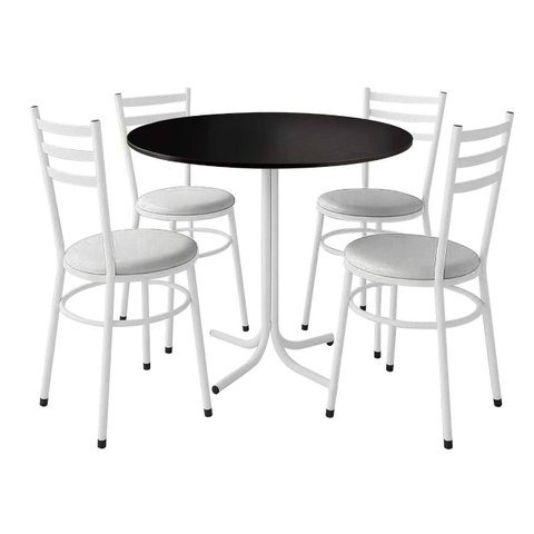 Mesa de Jantar Redonda 80cm Preta com 4 Cadeiras Estofada Branca