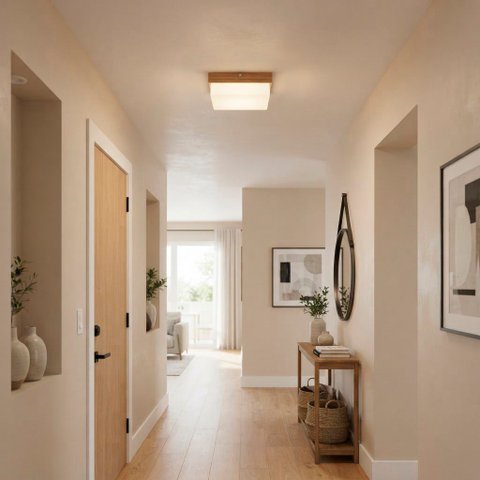 Luminária Plafon 40x40 Freijo, Parede e Teto com 4 Soquetes E27, Marrom Claro