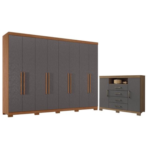 Guarda Roupa Casal 8 Portas 4 Gavetas Master New com Pés e Cômoda Havana Master com Pés Jatobá Grafi