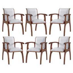 Kit 6 Cadeiras de Jantar Estofada Braço 55 x 82 Cm Barcelona Madeira Maciça Linho Bege Cru L71 - RMI - 1