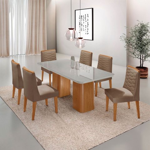 Mesa de Jantar Eloise 180cm Tampo Mdf Vidro com 6 Cadeiras Eloise Moderna Mobília