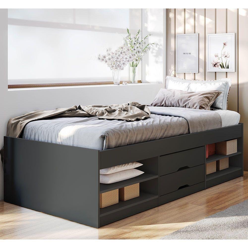 Cama Solteiro Multifuncional Kiara 2 Gavetas Preto Fosco | MadeiraMadeira