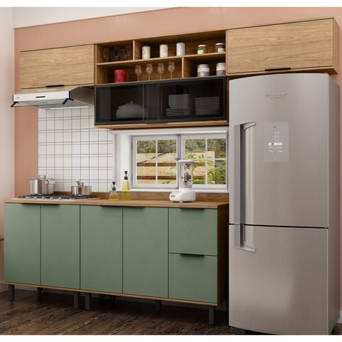 Cozinha Modulada Toscana em Mdf 5 Peças com Aéreo 1200 Porta de Vidro e Aéreo Geladeira com Tampo